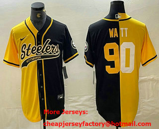 Men's Pittsburgh Steelers #90 TJ Watt Yellow Black Split With Patch Cool Base Stitched Baseball Jersey