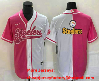 Men's Pittsburgh Steelers Big Logo Pink White Two Tone With Patch Cool Base Stitched Baseball Jersey