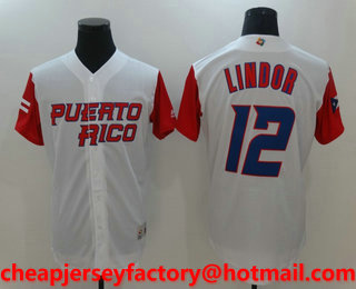 Men's Puerto Rico Baseball #12 Francisco Lindor White 2017 World Baseball Classic Stitched Authentic Jersey