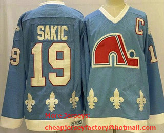Men's Quebec Nordiques #19 Joe Sakic Light Blue Throwback Stitched Jersey