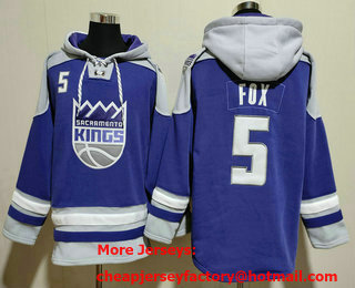 Men's Sacramento Kings #5 De Aaron Fox Blue Grey Lace Up Pullover Hoodie