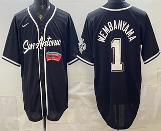 Men's San Antonio Spurs #1 Victor Wembanyama Black Stitched Baseball Jersey 12