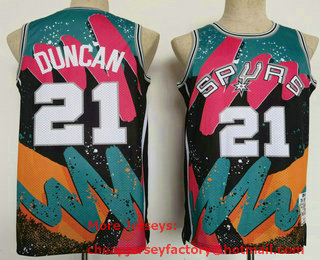 Men's San Antonio Spurs #21 Tim Duncan Black Floral Laser Printing Throwback Jersey