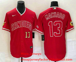 Men's San Diego Padres #13 Manny Machado Number Red NEW 2023 Cool Base Stitched Jersey 01