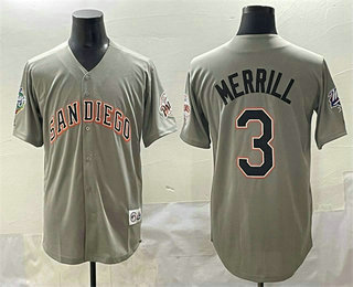 Men's San Diego Padres #3 Jackson Merrill Grey Fashion Throwback With Patch Cool Base Stitched Jersey