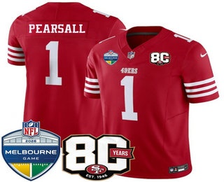Men's San Francisco 49ers #1 Ricky Pearsall Limited Red 80th Melbourne Game Patch FUSE Vapor Jersey