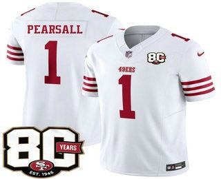 Men's San Francisco 49ers #1 Ricky Pearsall Limited White 80th Anniversary Patch FUSE Vapor Jersey