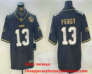 Men's San Francisco 49ers #13 Brock Purdy Black Gold With 75th Patch Stitched Jersey
