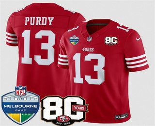 Men's San Francisco 49ers #13 Brock Purdy Limited Red 80th Melbourne Game Patch FUSE Vapor Jersey