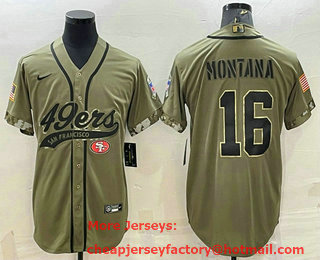 Men's San Francisco 49ers #16 Joe Montana 2022 Olive Salute to Service Cool Base Stitched Baseball Jersey
