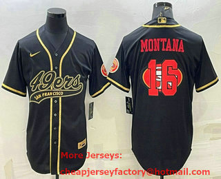 Men's San Francisco 49ers #16 Joe Montana Black Gold Team Big Logo With Patch Cool Base Stitched Baseball Jersey