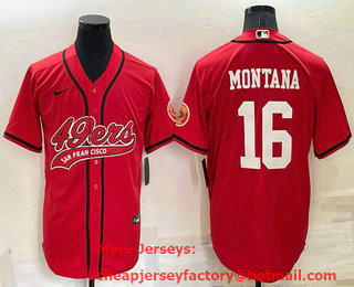 Men's San Francisco 49ers #16 Joe Montana Red Stitched Cool Base Nike Baseball Jersey