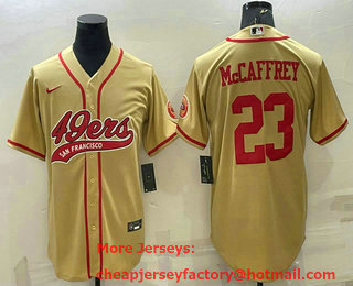 Men's San Francisco 49ers #23 Christian McCaffrey Gold With Patch Cool Base Stitched Baseball Jersey