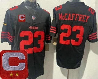 Men's San Francisco 49ers #23 Christian McCaffrey Limited Black 2025 Captain Patch FUSE Vapor Jersey