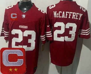 Men's San Francisco 49ers #23 Christian McCaffrey Limited Red 2025 Captain Patch FUSE Vapor Jersey