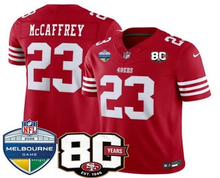 Men's San Francisco 49ers #23 Christian McCaffrey Limited Red 80th Melbourne Game Patch FUSE Vapor Jersey