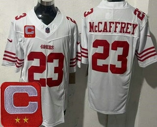 Men's San Francisco 49ers #23 Christian McCaffrey Limited White 2025 Captain Patch FUSE Vapor Jersey