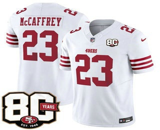Men's San Francisco 49ers #23 Christian McCaffrey Limited White 80th Anniversary Patch FUSE Vapor Jersey
