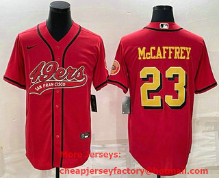Men's San Francisco 49ers #23 Christian McCaffrey Red Gold With Patch Cool Base Stitched Baseball Jersey