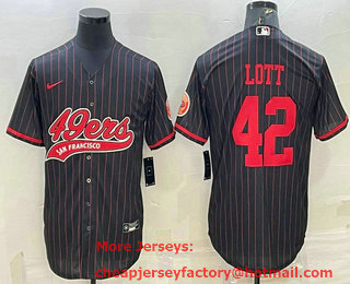 Men's San Francisco 49ers #42 Ronnie Lott Black Pinstripe With Patch Cool Base Stitched Baseball Jersey