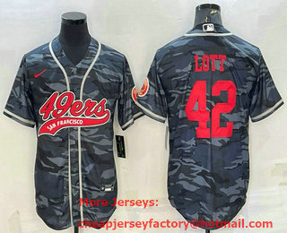 Men's San Francisco 49ers #42 Ronnie Lott Grey Camo With Patch Cool Base Stitched Baseball Jersey