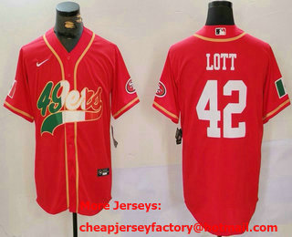 Men's San Francisco 49ers #42 Ronnie Lott Red With Patch Cool Base Stitched Baseball Jersey