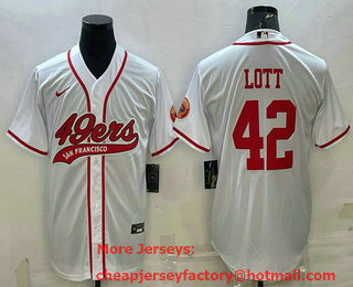Men's San Francisco 49ers #42 Ronnie Lott White With Patch Cool Base Stitched Baseball Jersey