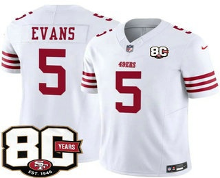 Men's San Francisco 49ers #5 Mike Evans Limited White 80th Anniversary Patch FUSE Vapor Jersey
