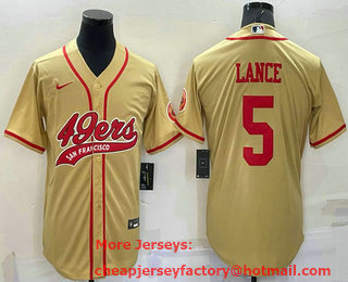 Men's San Francisco 49ers #5 Trey Lance Gold Stitched Cool Base Nike Baseball Jersey