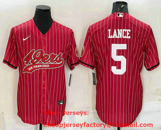 Men's San Francisco 49ers #5 Trey Lance Red Pinstripe With Patch Cool Base Stitched Baseball Jersey
