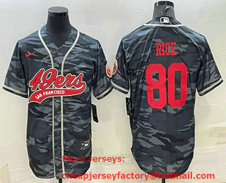 Men's San Francisco 49ers #80 Jerry Rice Grey Camo With Patch Cool Base Stitched Baseball Jersey