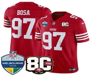 Men's San Francisco 49ers #97 Nick Bosa Limited Red 80th Melbourne Game Patch FUSE Vapor Jersey