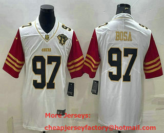 Men's San Francisco 49ers #97 Nick Bosa White Gold Edition With 75TH Patch Limited Stitched Football Jersey