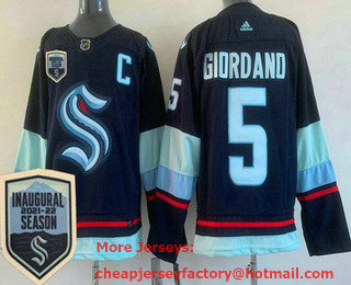 Men's Seattle Kraken #5 Mark Giordano Navy 2021-22 Season Inaugural Stitched Jersey