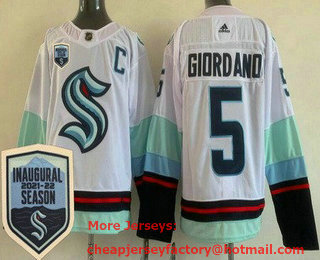 Men's Seattle Kraken #5 Mark Giordano White 2021-22 Season Inaugural Stitched Jersey