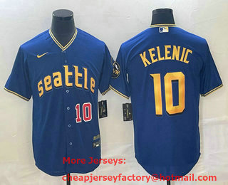 Men's Seattle Mariners #10 Jarred Kelenic Number Blue 2023 City Connect Cool Base Stitched Jersey