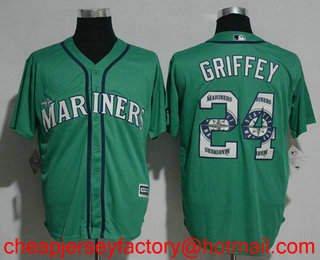 Men's Seattle Mariners #24 Ken Griffey Jr. Teal Green Team Logo Ornamented Stitched MLB Cool Base Jersey