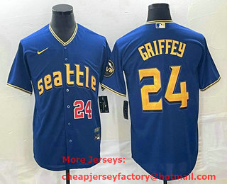 Men's Seattle Mariners #24 Ken Griffey Number Blue 2023 City Connect Cool Base Stitched Jersey 01