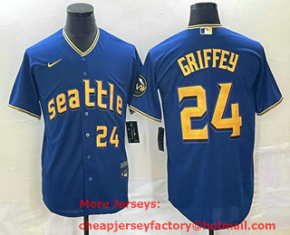 Men's Seattle Mariners #24 Ken Griffey Number Blue 2023 City Connect Cool Base Stitched Jersey 02