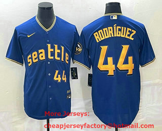 Men's Seattle Mariners #44 Julio Rodriguez Number Blue 2023 City Connect Cool Base Stitched Jersey 01
