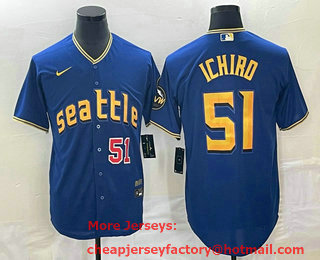 Men's Seattle Mariners #51 Ichiro Suzuki Number Blue 2023 City Connect Cool Base Stitched Jersey 01