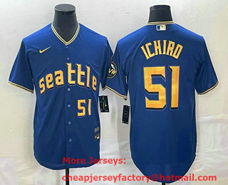 Men's Seattle Mariners #51 Ichiro Suzuki Number Blue 2023 City Connect Cool Base Stitched Jersey 02