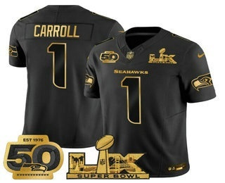 Men's Seattle Seahawks #1 Pete Carroll Black Gold Super Bowl LX 50th Patch FUSE Limited Jersey