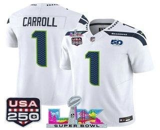 Men's Seattle Seahawks #1 Pete Carroll White FUSE Super Bowl LX 50th USA 250 Patch Vapor Limited Jersey
