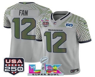 Men's Seattle Seahawks #12 Fan Gray FUSE Super Bowl LX US 250th 50th Patch Rivalries Vapor Limited Jersey