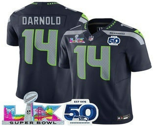 Men's Seattle Seahawks #14 Sam Darnold Limited Navy Super Bowl LX Patch And 50TH FUSE Vapor Jersey