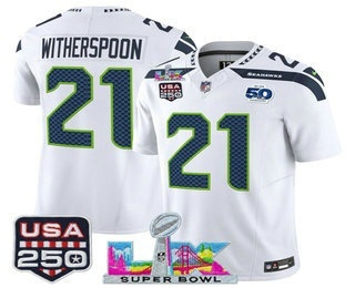 Men's Seattle Seahawks #21 Devon Witherspoon White FUSE Super Bowl LX 50th USA 250 Patch Vapor Limited Jersey