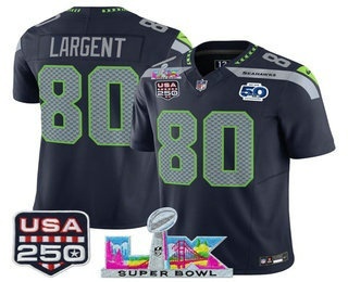 Men's Seattle Seahawks #80 Steve Largent Navy FUSE Super Bowl LX 50th USA 250 Patch Vapor Limited Jersey