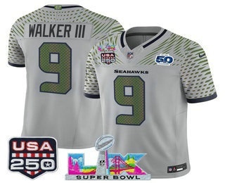 Men's Seattle Seahawks #9 Kenneth Walker III Gray FUSE Super Bowl LX US 250th 50th Patch Rivalries Vapor Limited Jersey