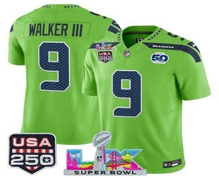 Men's Seattle Seahawks #9 Kenneth Walker III Green FUSE Super Bowl LX 50th USA 250 Patch Vapor Limited Jersey